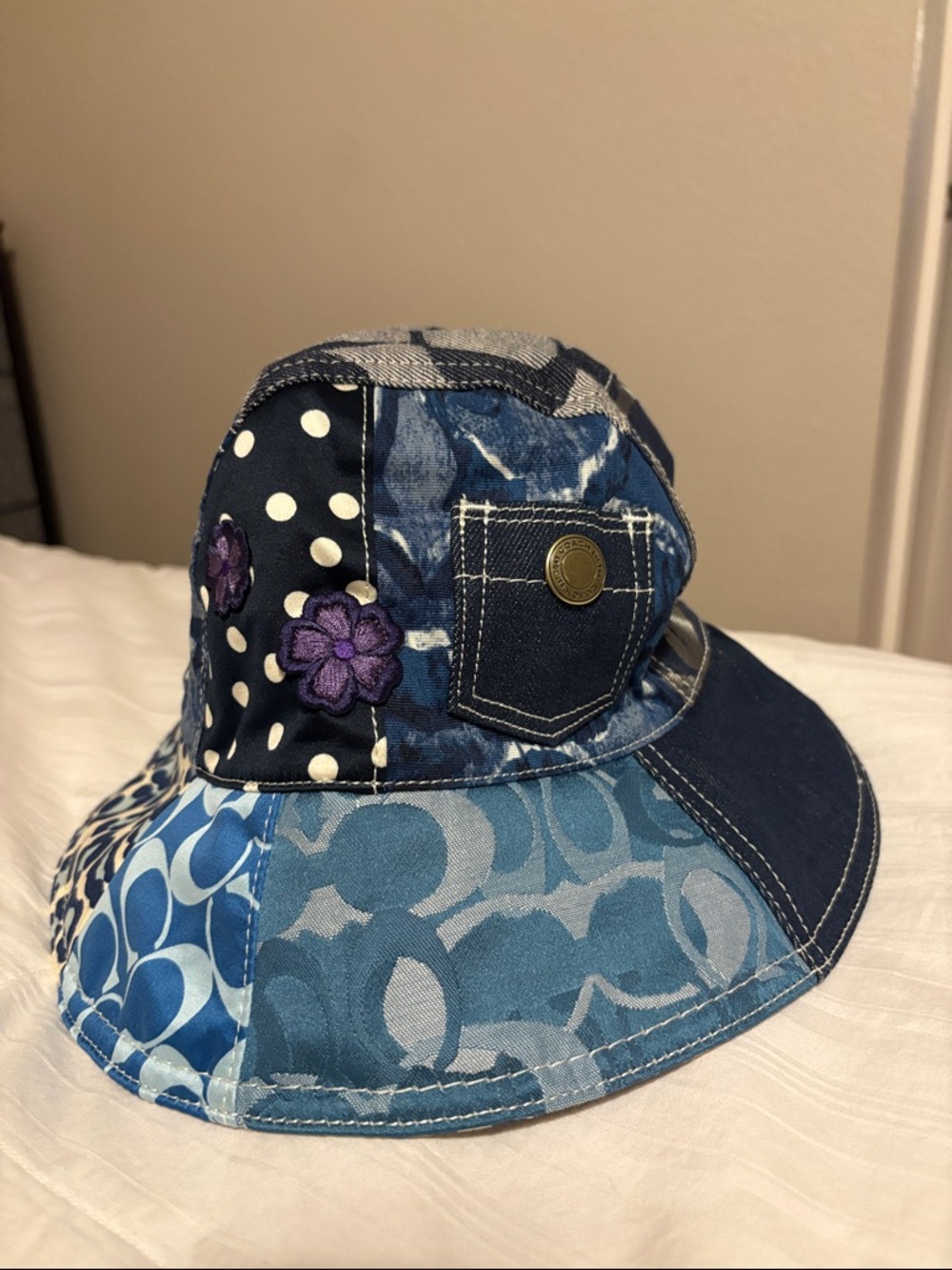 Coach Patchwork Blue Bucket Hat with Floral Embroidery